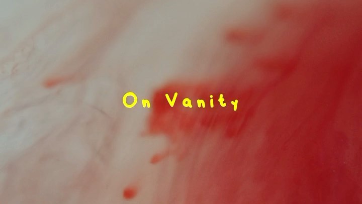 Text art featuring 'On Vanity' in yellow font over a red and white backdrop with a blurred, textured appearance.