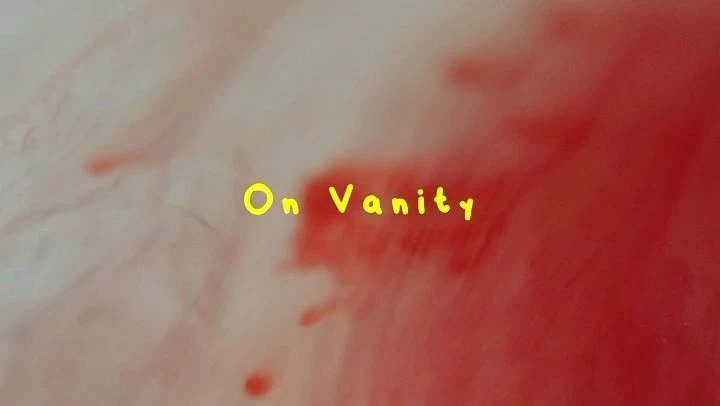 Text art featuring 'On Vanity' in yellow font over a red and white backdrop with a blurred, textured appearance.