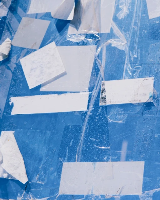 Abstract photograph featuring a blue surface partially covered with white rectangular and square adhesive paper pieces and a plastic wrap.