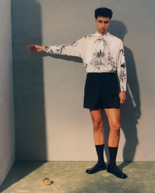 An adult man in a printed shirt and shorts standing indoors with one arm extended, in a studio setting with a clear ball on the floor.