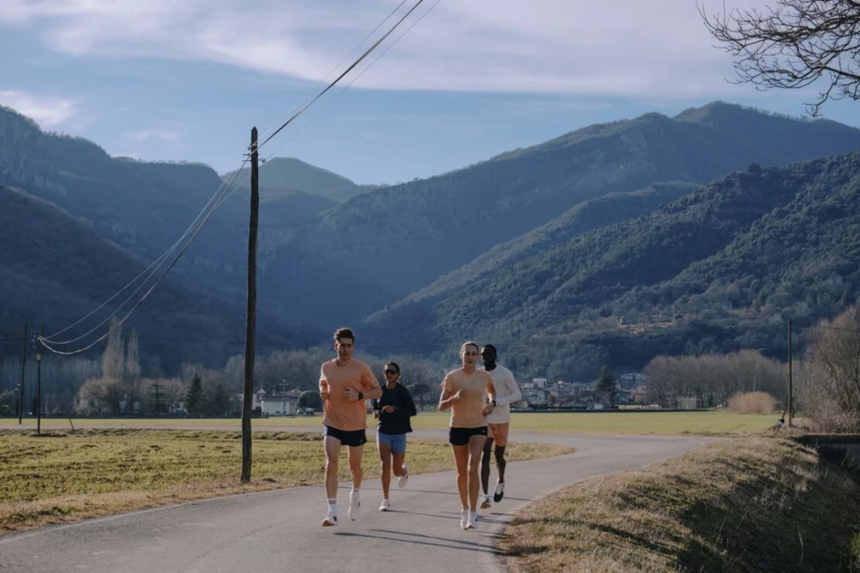 Group of four athletes running on paved road with green fields and mountain range backdrop under sunny sky. Outdoor fitness scene.