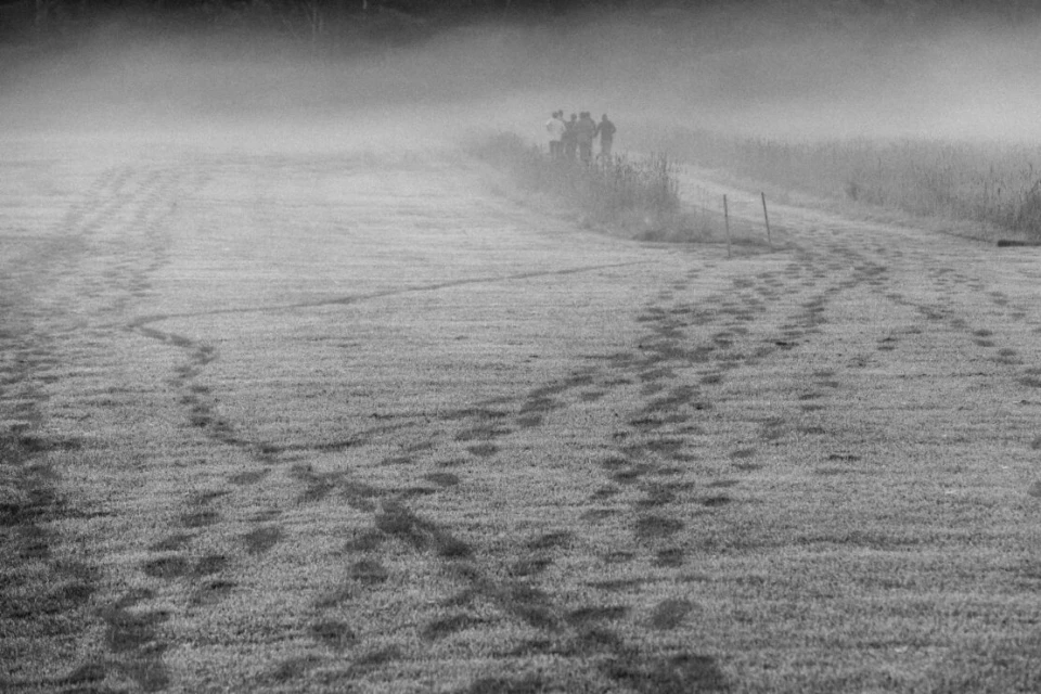 Black and white landscape featuring a misty field with human footprints and a group of silhouetted people in the background.