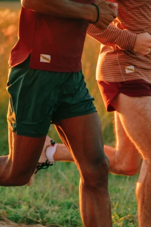 Two runners in athletic apparel jogging through a grassy field during golden hour sunlight.