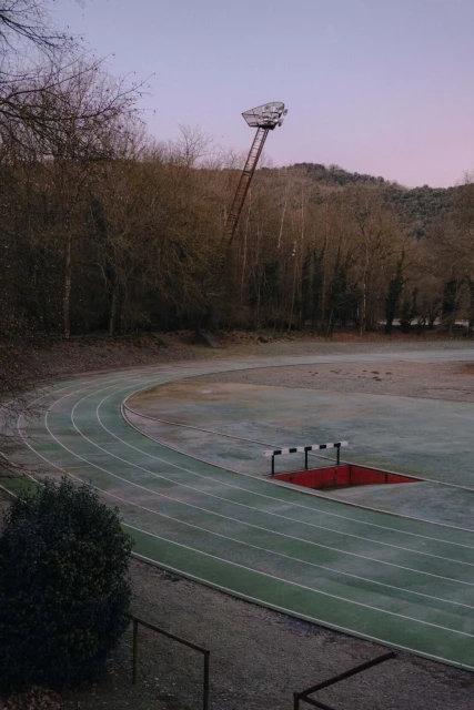 Overhead view of an empty green running track, showing lines, hurdles and a light tower surrounded by a forest, beneath a dusky sky.