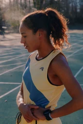 Profile view of a female runner in a yellow and blue athletic singlet standing on an outdoor track.