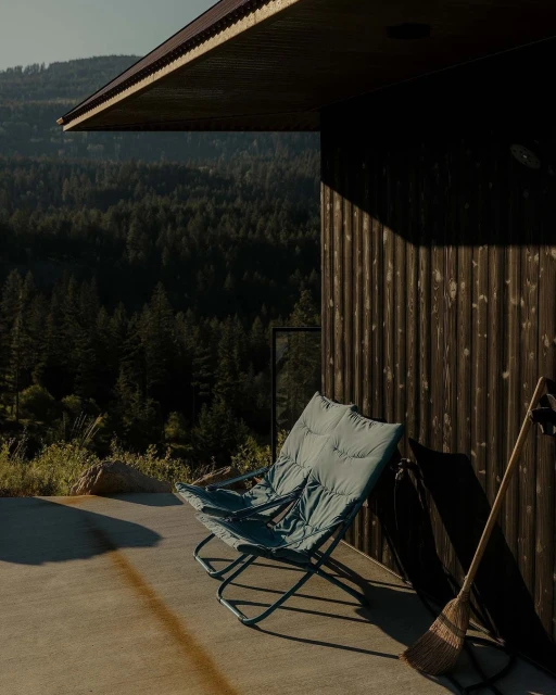 Exterior view of modern cabin with wood facade and a blue chair on the patio, with a forest in the background on a sunny day.