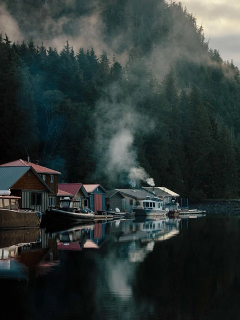 Boats and houseboats on the water with forest in the background, partially obscured by rising plumes of smoke and light mist.