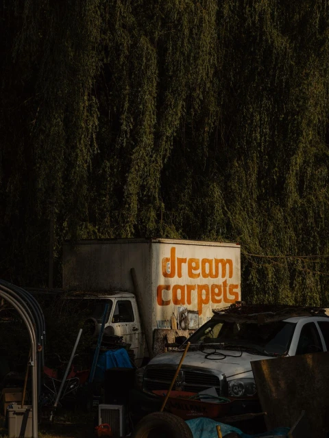 Exterior shot of a white delivery truck with 'dream carpets' printed on the side, parked near cars and green trees in an outdoor setting.