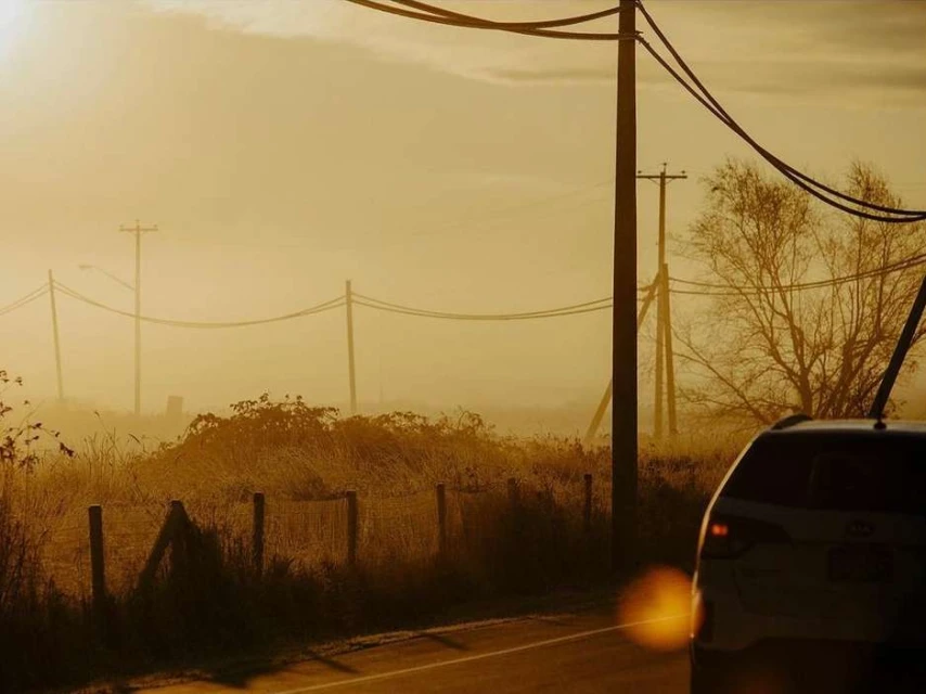 Car on asphalt road with utility poles, vegetation, and heavy fog creating golden-colored scenic landscape at sunrise or sunset.