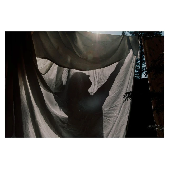 Silhouette of a person holding up a translucent white cloth outdoors against a backdrop of sunlit trees, creating an ethereal scene.