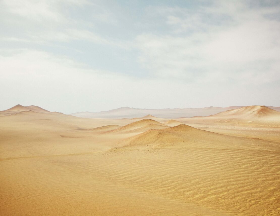 Sweeping desert landscape with sand dunes under a bright sky, showcasing the arid beauty and vastness of the natural environment.