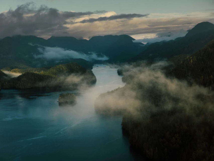 Aerial view of a body of water surrounded by forest-covered mountains, shrouded in mist and illuminated by soft, natural lighting.