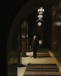 Elderly man in a dark suit holding a walking cane standing in a long ornate hallway lit by hanging lanterns