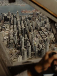 Aerial view of a city through an airplane cockpit window, showing high-rise buildings, streets, and a harbor.