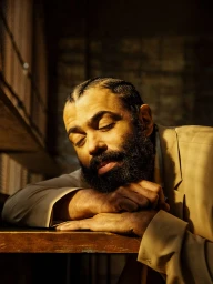 Portrait of a Black man with braids and a full beard resting his head on his crossed arms in warm light, photographed by Grant Harder