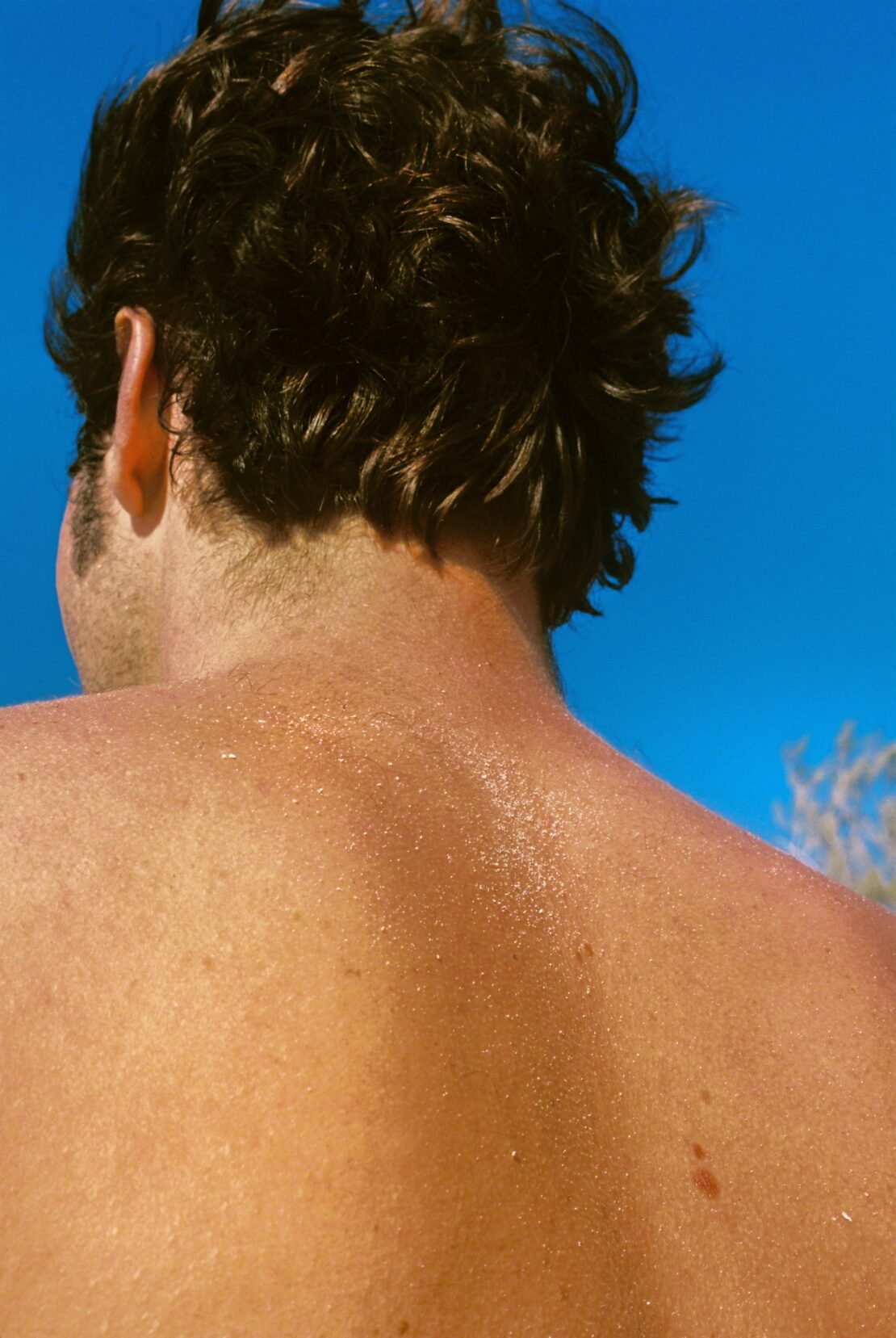 Bare back of a tanned man with dark curly hair against a bright blue sky, outdoors in daylight. Close-up shot of skin and hair.