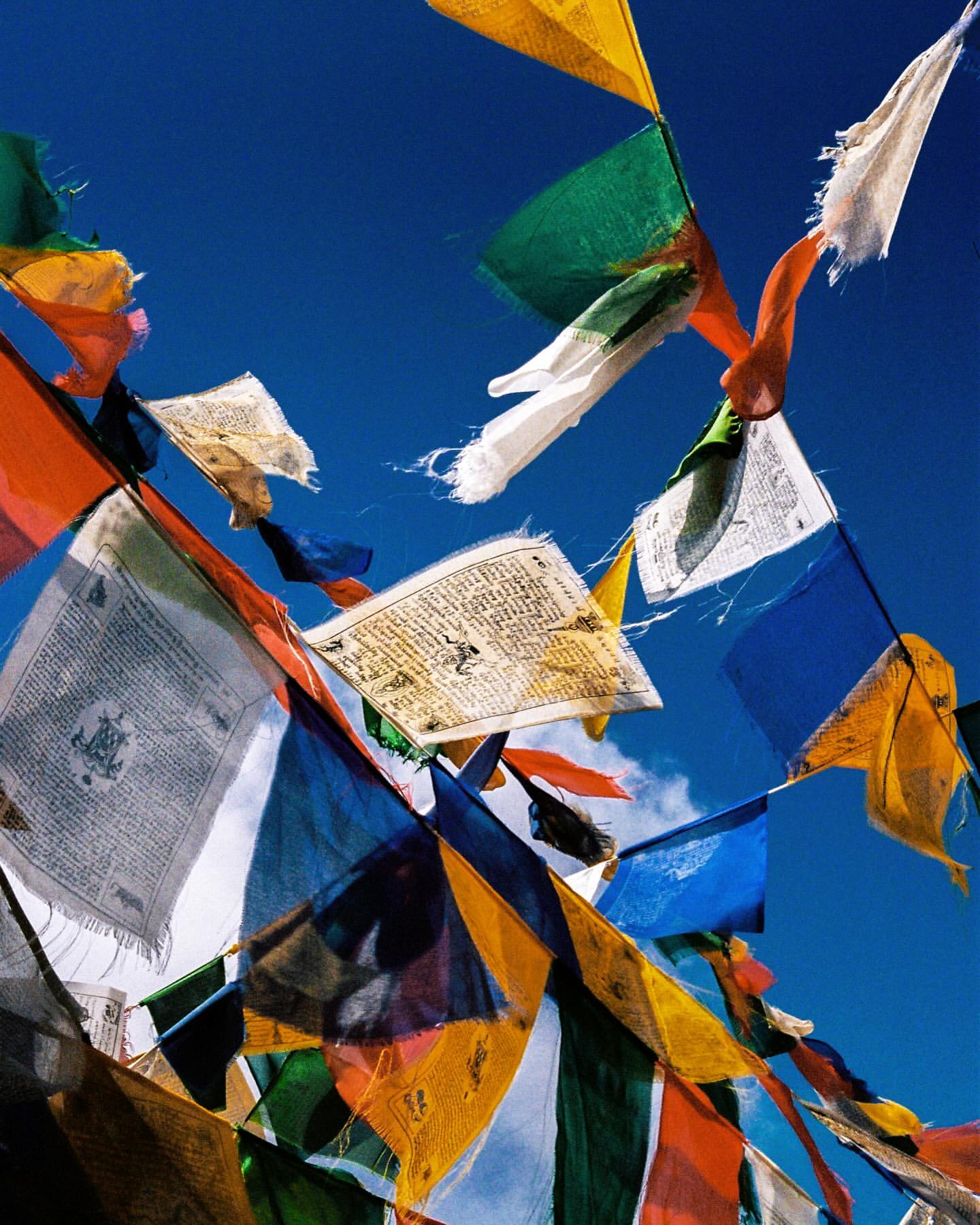Colorful prayer flags flutter against a vibrant blue sky, adorned with text and symbols, creating a dynamic and spiritual visual display.