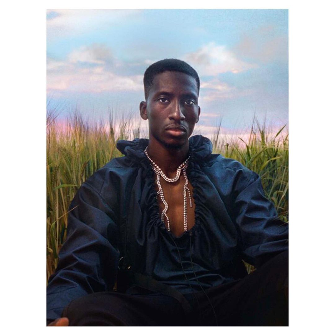 Portrait of a young adult Black male sitting in a field wearing a dark ruffled top and rhinestone necklace with a blue cloudy sky.