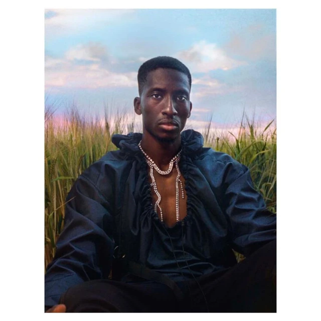 Portrait of a young adult Black male sitting in a field wearing a dark ruffled top and rhinestone necklace with a blue cloudy sky.