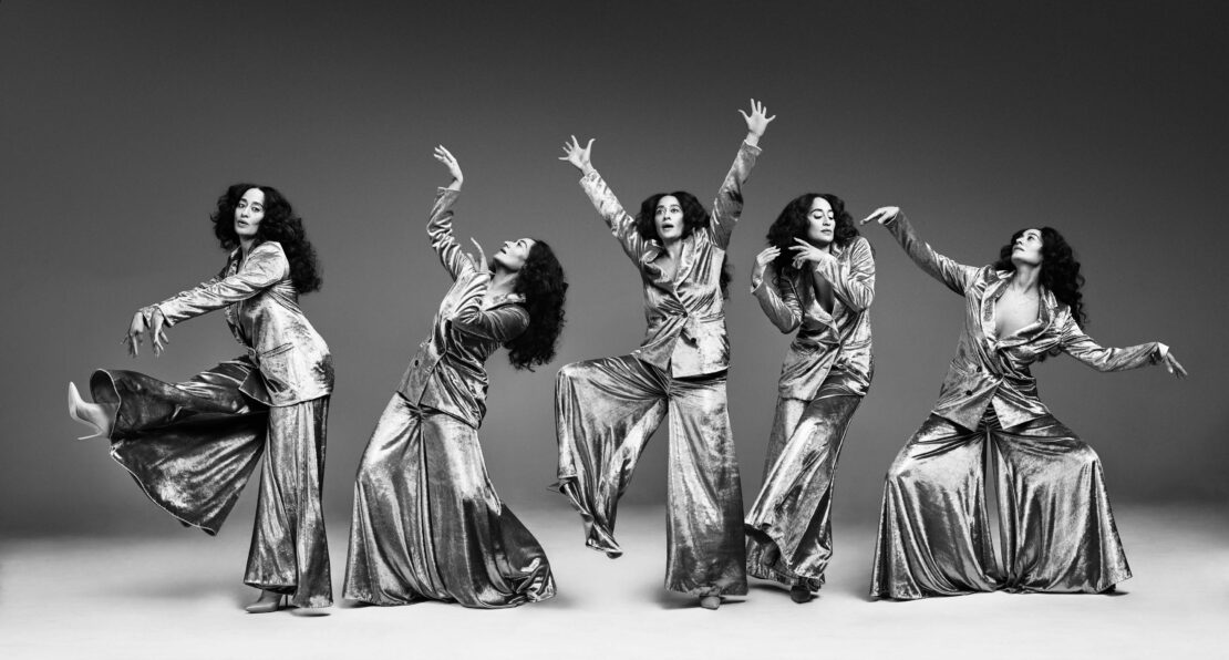 Five images of an adult woman in a shiny suit with curly hair, set against a grey backdrop, showcasing various poses and movements.