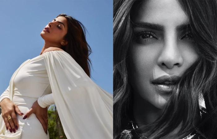 Priyanka Chopra in a white off-the-shoulder dress outdoors next to a close-up black and white portrait photograph by Lauren Dukoff.