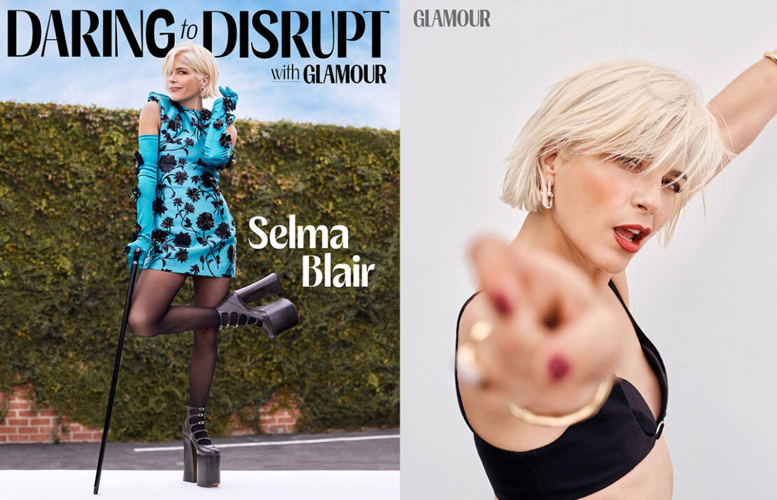Selma Blair poses in a vibrant floral dress and platform heels on a magazine cover, with a second image showing a close-up portrait.