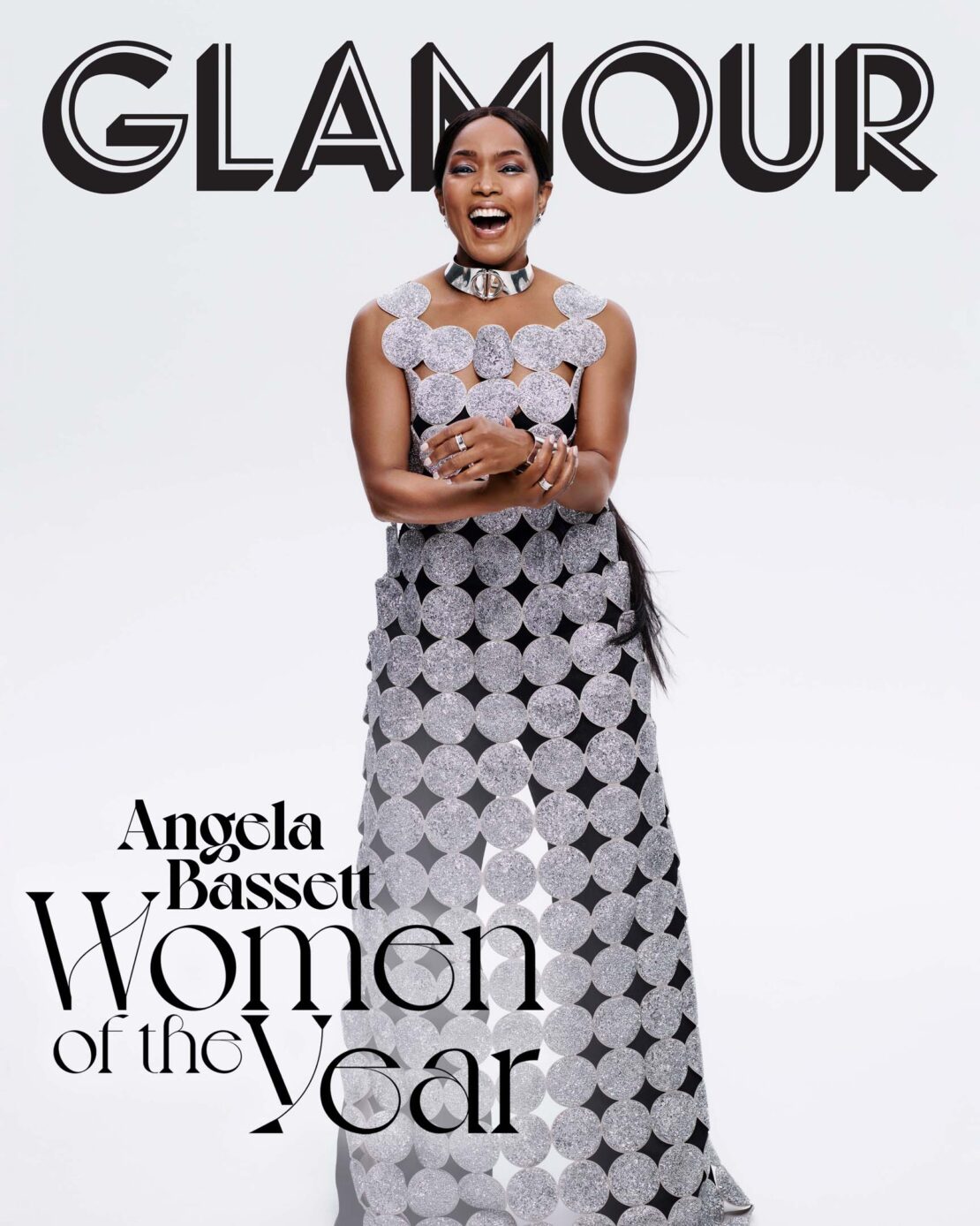 Angela Bassett cover for Glamour's Women of the Year issue, photographed in a floor-length gown with silver geometric circles.