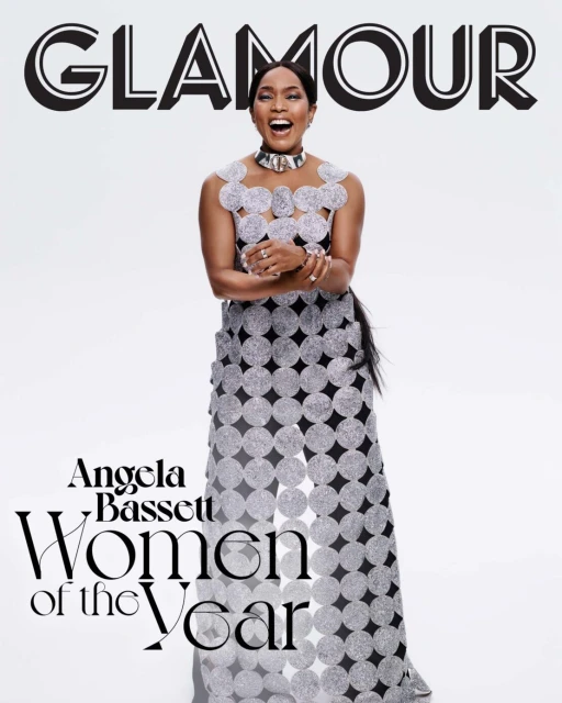 Angela Bassett cover for Glamour's Women of the Year issue, photographed in a floor-length gown with silver geometric circles.