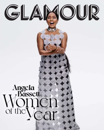 Angela Bassett cover for Glamour's Women of the Year issue, photographed in a floor-length gown with silver geometric circles.
