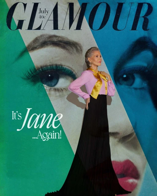 Glamour magazine cover featuring Jane Fonda in a pink top and black skirt, against a backdrop of an eye graphic and the magazine title.