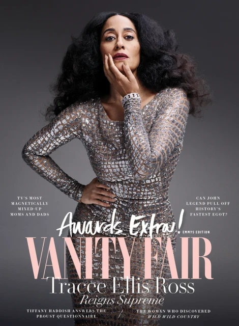 Vanity Fair cover featuring Tracee Ellis Ross in a silver sequin dress, posing with hand to face against a grey backdrop. Magazine cover.