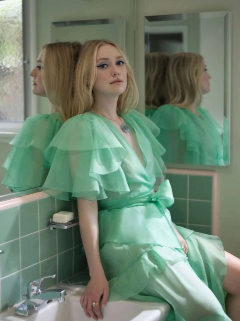 Woman with blonde hair poses in a ruffled mint green dress while leaning against a mirror and a tiled bathroom wall and sink.