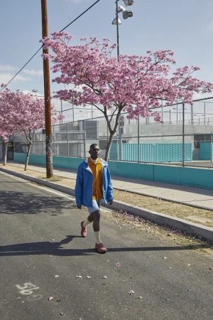 A stylish black man in blue jacket walks down a street lined with blossoming pink trees on a sunny day in an urban outdoor setting.