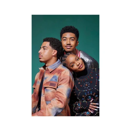 Portrait of three young adults posed closely together against a solid teal studio background by Maggie Shannon