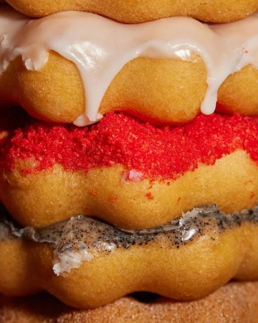Close-up of a stacked doughnut with various toppings, including glaze, red sprinkles, and a grey speckled coating. Food photography.