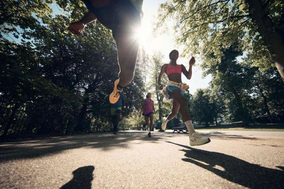 Three athletes run on a paved path in a park on a sunny day, trees lining the route, low angle perspective.
