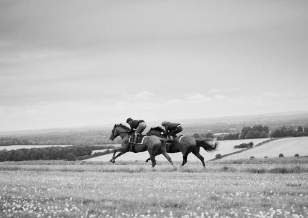 Black and white image of two adult riders on horses galloping in a field with rural landscape background on a cloudy day.