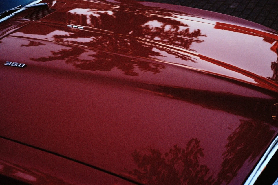 Close-up of a red classic car hood reflecting trees, with the number 350 visible on the side, evoking a sense of vintage automotive design.