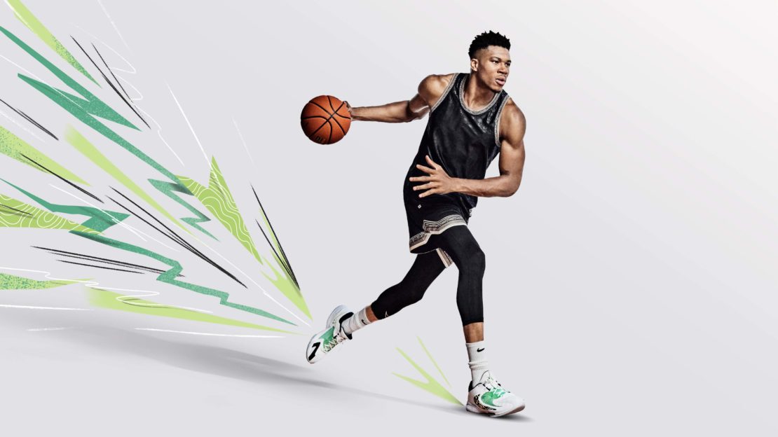 Athletic male basketball player in black uniform dribbling ball on a white studio background with green graphical elements and Nike footwear.