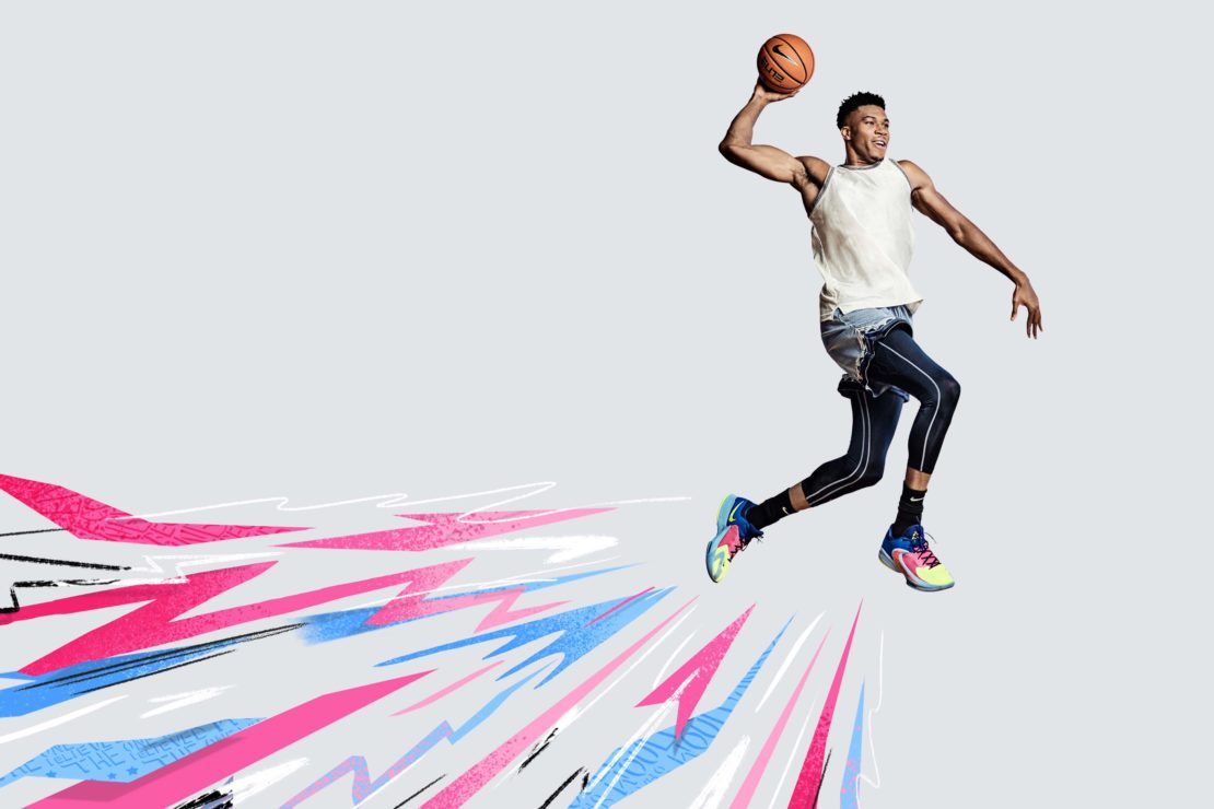Adult male basketball player in mid-air with ball, sleeveless top, athletic leggings, light background with artistic graphics and design.