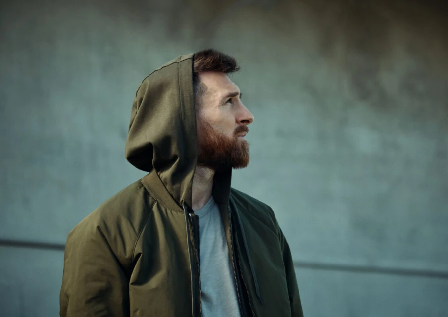 Profile view of a man with a beard, wearing a green hooded jacket against a grey concrete background, looking upward, creating a contemplative mood.