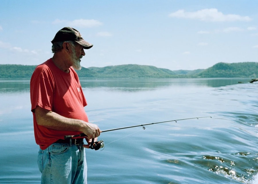 Elderly man fishing on a lake with mountains in the background. Wearing a hat, jeans, and a red shirt. He holds a fishing pole.