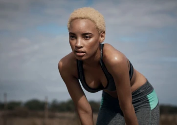 Athletic woman with short blonde hair in a grey sports bra bending over outdoors under an overcast sky, captured by Olly Burn.