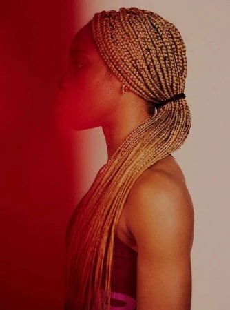 Profile of a tan-skinned woman with blonde braids, styled in a low ponytail, set against a split red and off-white background.