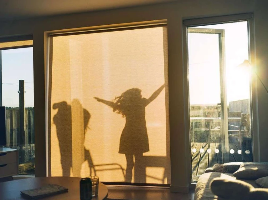 Silhouette of two people behind a window blind with warm light shining through, creating a cozy indoor atmosphere and an open window view.