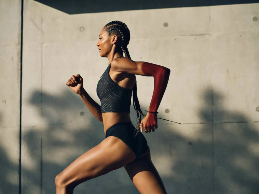 Athletic Black woman in sports bra and shorts is running outdoors against a textured concrete wall on a sunny day, side profile.