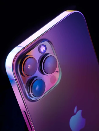 Close-up of the rear of a smartphone, showcasing the camera lenses, flash, and logo with a vibrant purple and pink color gradient.