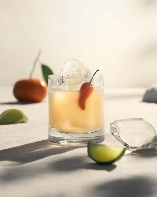 Chilled cocktail in a clear glass, garnished with a red pepper and ice, alongside fresh lime and a tangerine on a neutral surface.