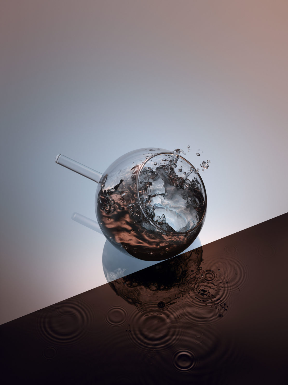 Still life shot of a glass with a curved spout containing liquid, set against a background split between pale blue and dark brown.