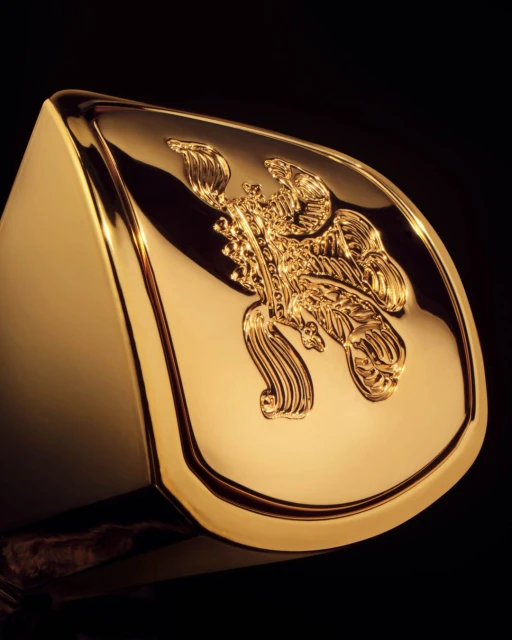 Close-up studio shot of a glossy, golden object featuring an embossed decorative emblem on its surface, set against a dark background.